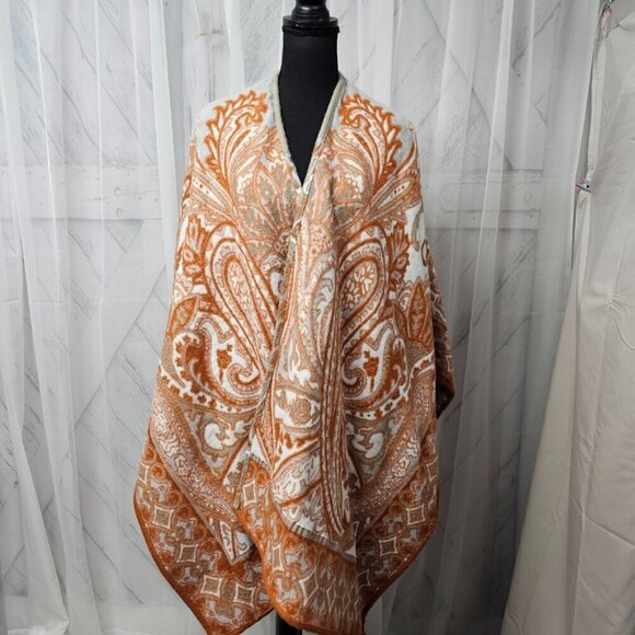 Unbranded Taupe Orange Reversible Paisley Boho Blanket Cape OSFA - Picture 7 of 14